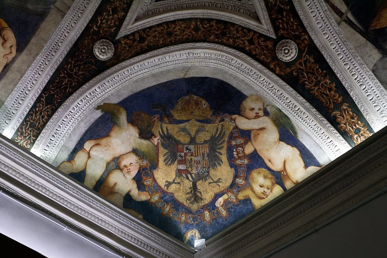 Il Romanino-59-Camera delle udienze-stemma e putti-1-Castello di Belgioioso